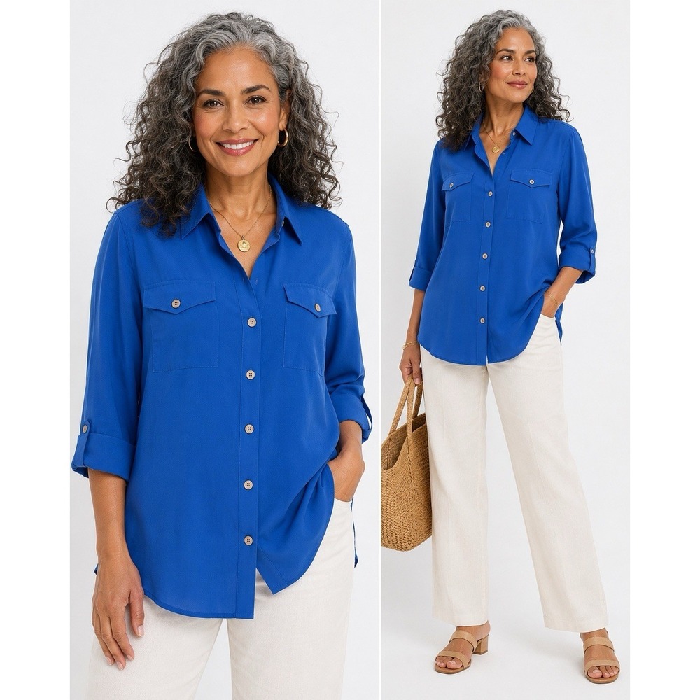 Soft Surroundings Silk Button Down Shirt XL Blue Utility Tunic 100% Silk